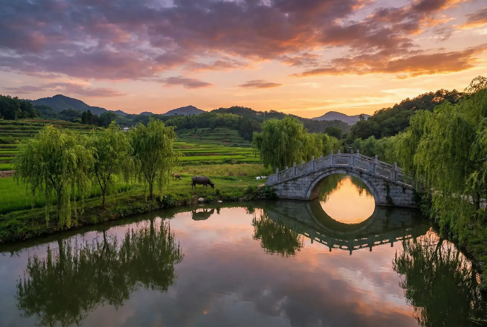 夕阳下的石拱桥与垂柳，水牛在河边吃草 - 斯琴格尔勒 乡村美景